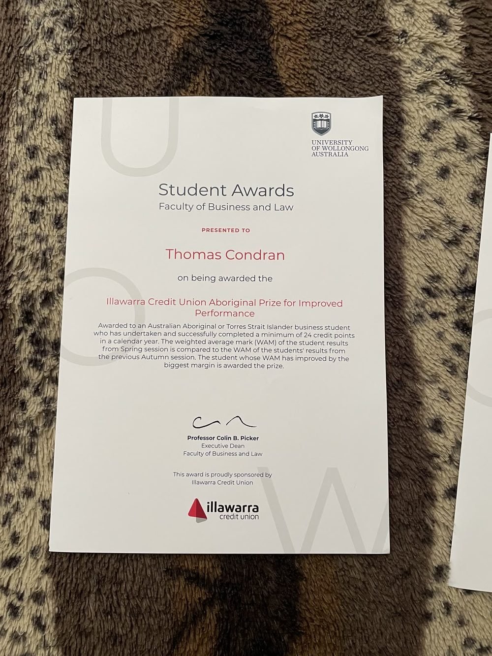 Illawarra Credit Union Aboriginal Prize for Improved Performance certificate, University of Wollongong