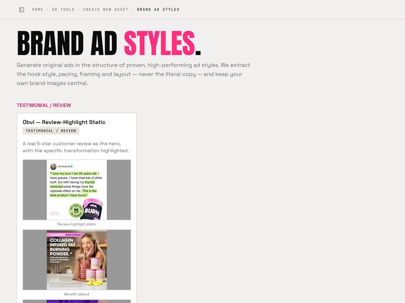 Brand Ad Styles in the Marketing OS: proven DTC ad formats, rebuilt with your product