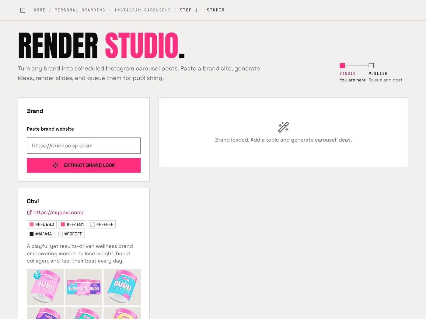Render Studio in the Marketing OS: a brand's colours, voice and product photos pulled from its website