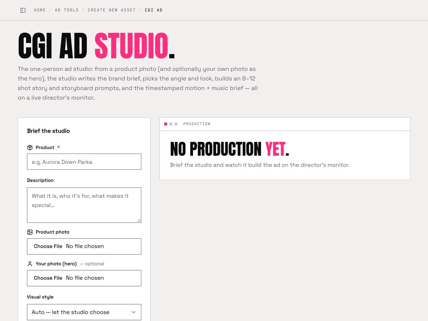 CGI Ad Studio in the Marketing OS: product brief in, shot list and storyboard out